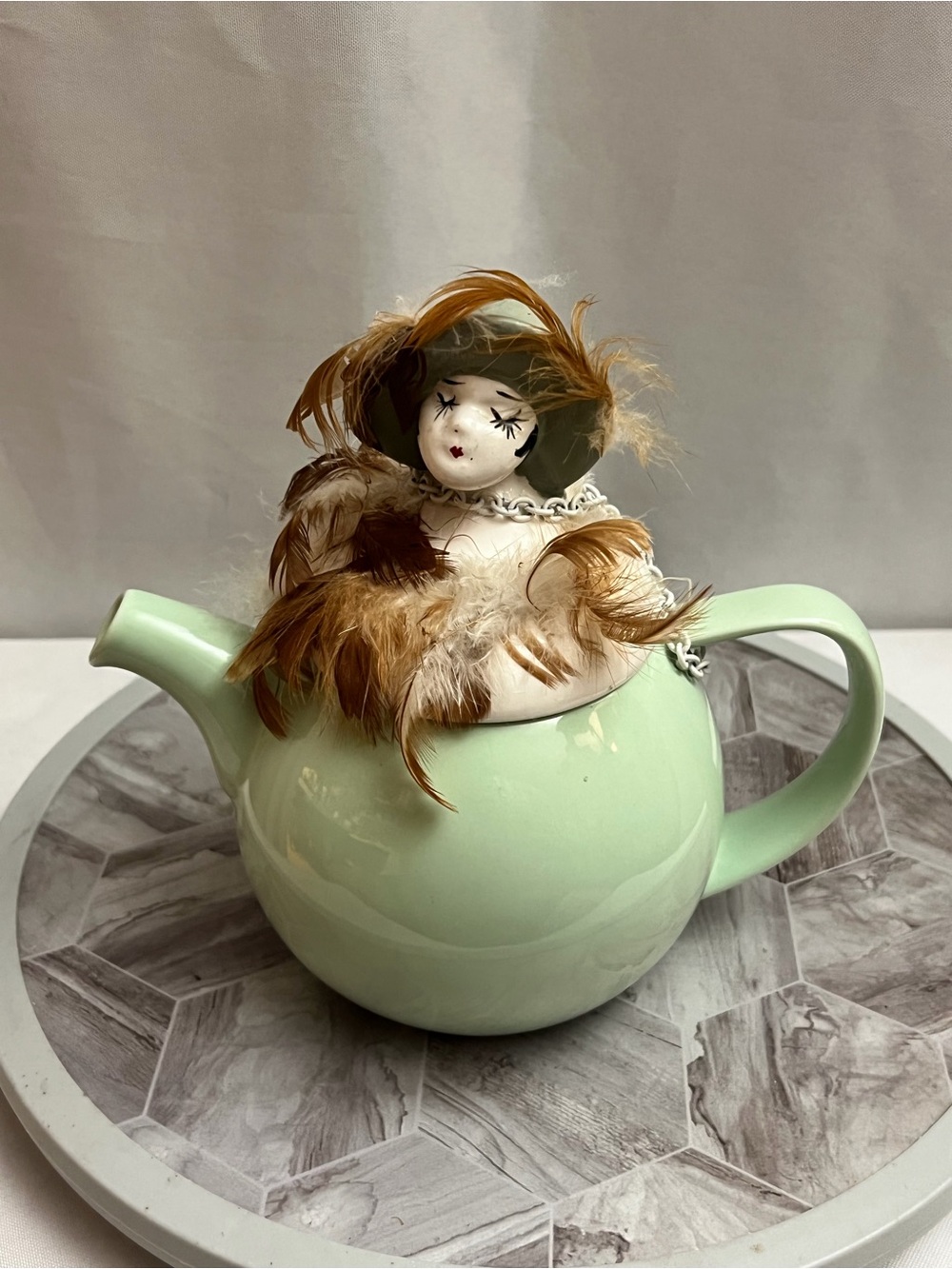 ForLife Mint Green Teapot w Lady Lid Ceramic Tea Pot Feather Hat Collectible